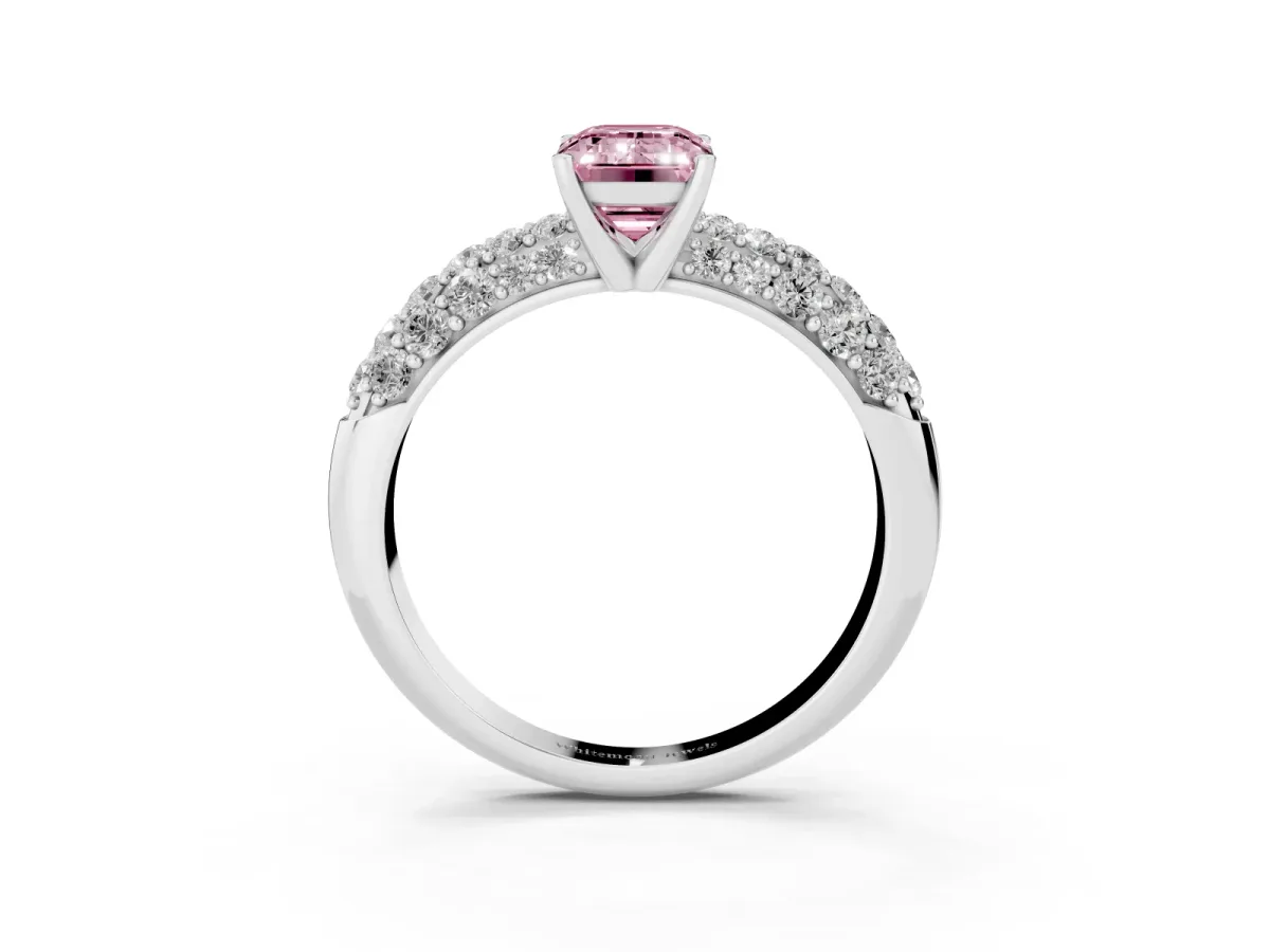Fancy Pink Emerald Cut Diamond Pavé Band Solitaire Ring with Four-Prong Setting Platinum
