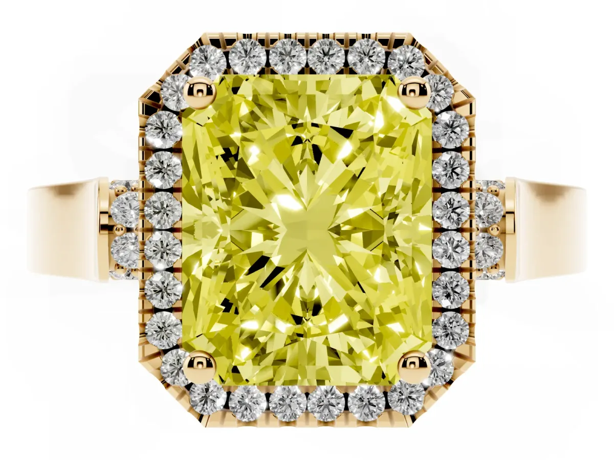 Fancy Yellow Radiant Cut Halo Round Diamond Twist Band with Four-Prong Setting Yellow gold