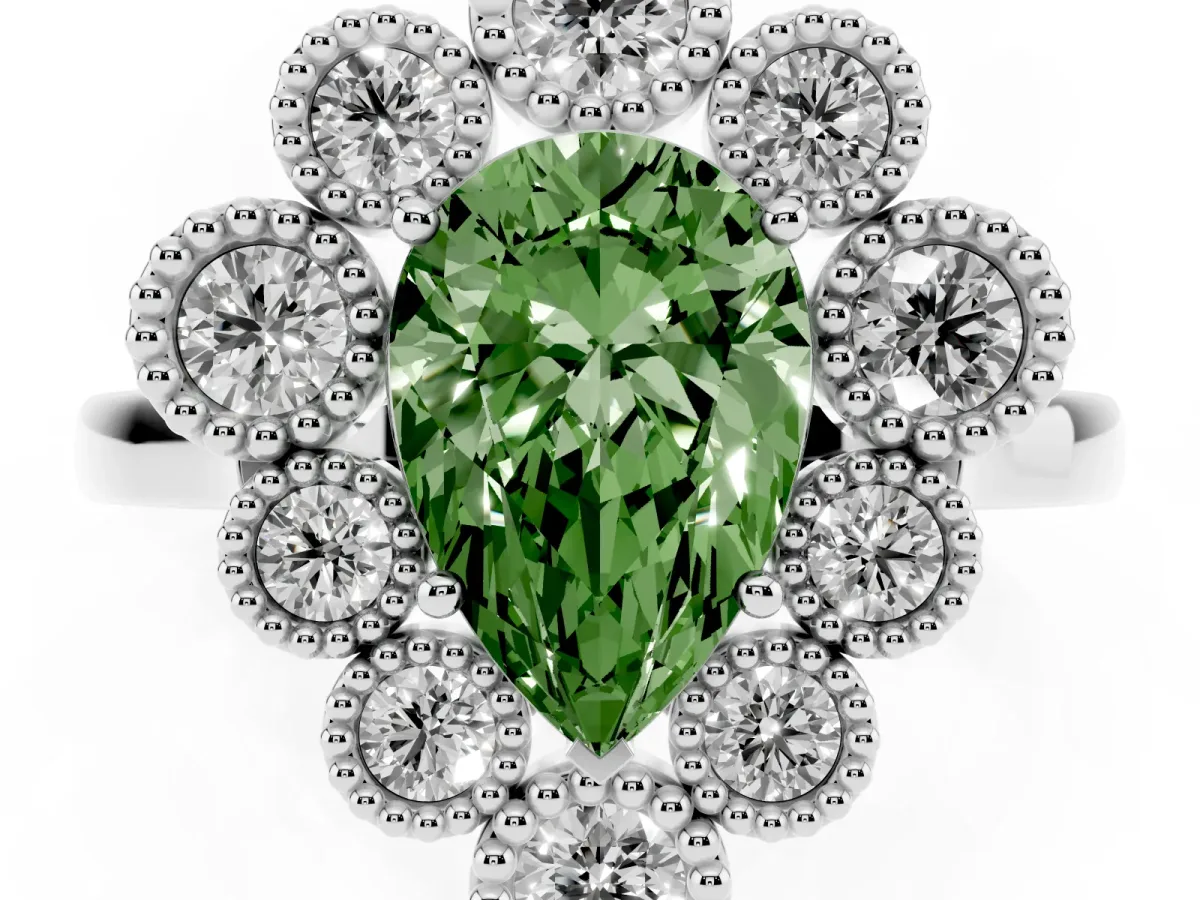 Fancy Green Pear Cut Halo Diamond Cluster Engagement Ring with Milgrain Bezel Setting and Solitaire Band Platinum