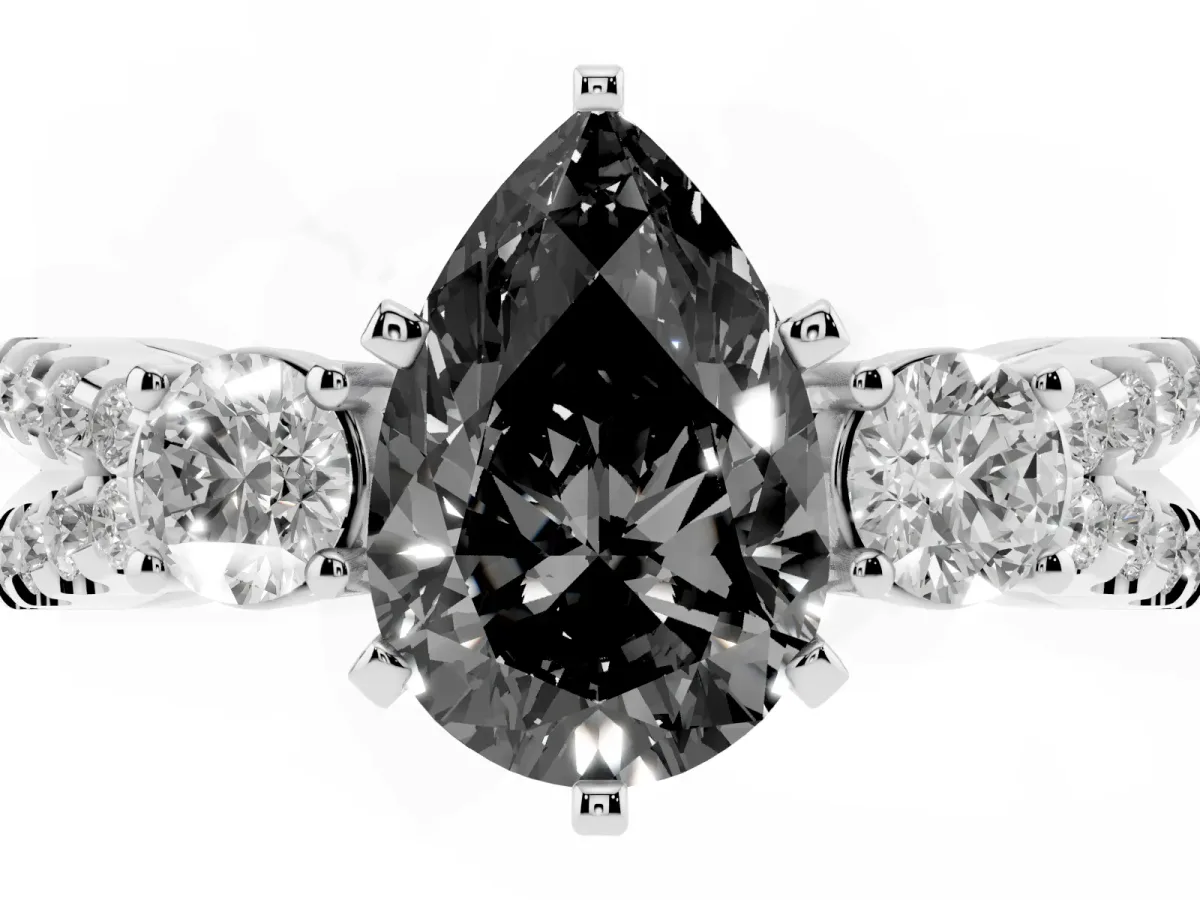 Fancy Black Pear Cut Diamond Three-Stone Ring with Pavé Split Shank and Four-Prong Setting Silver