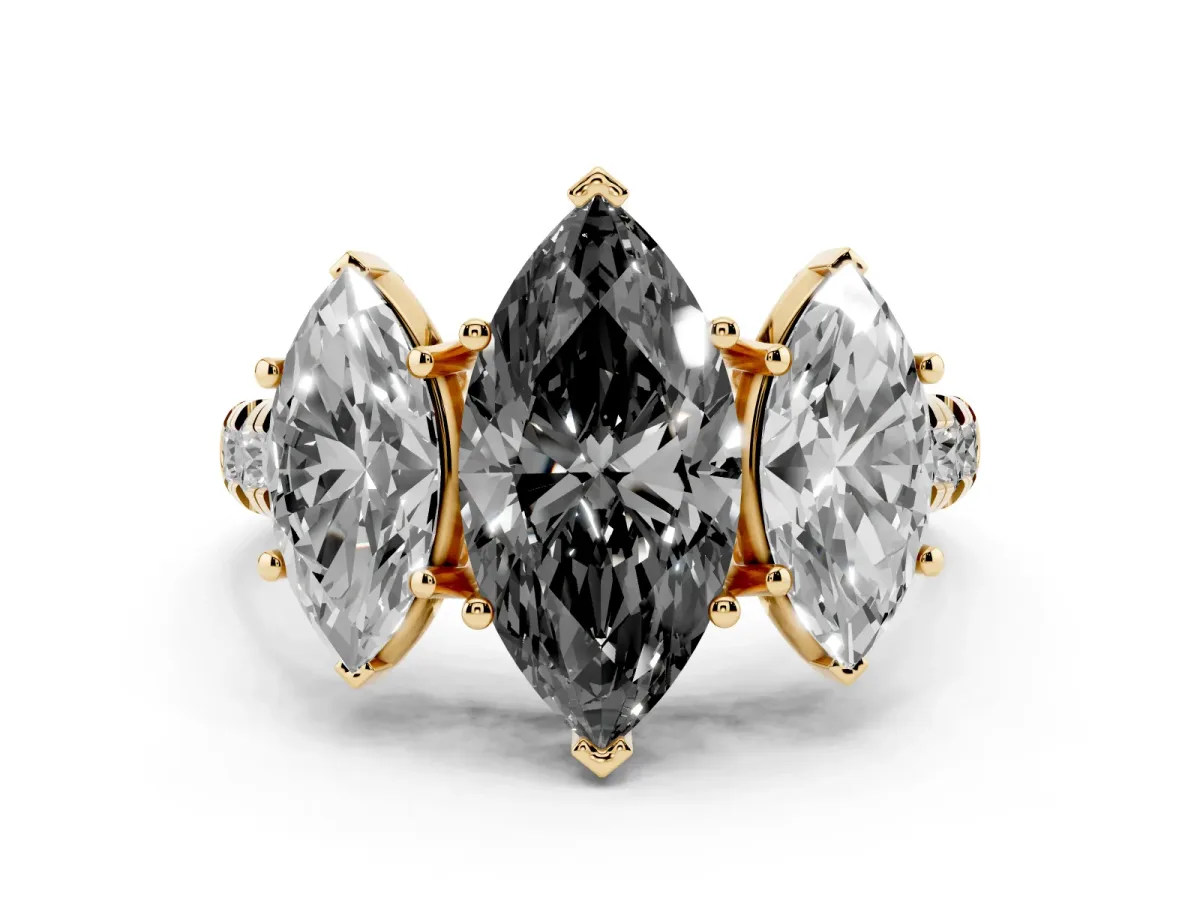 Fancy Black Three-Stone Marquise Cut Diamond Pavé Band with Prong Setting Yellow gold