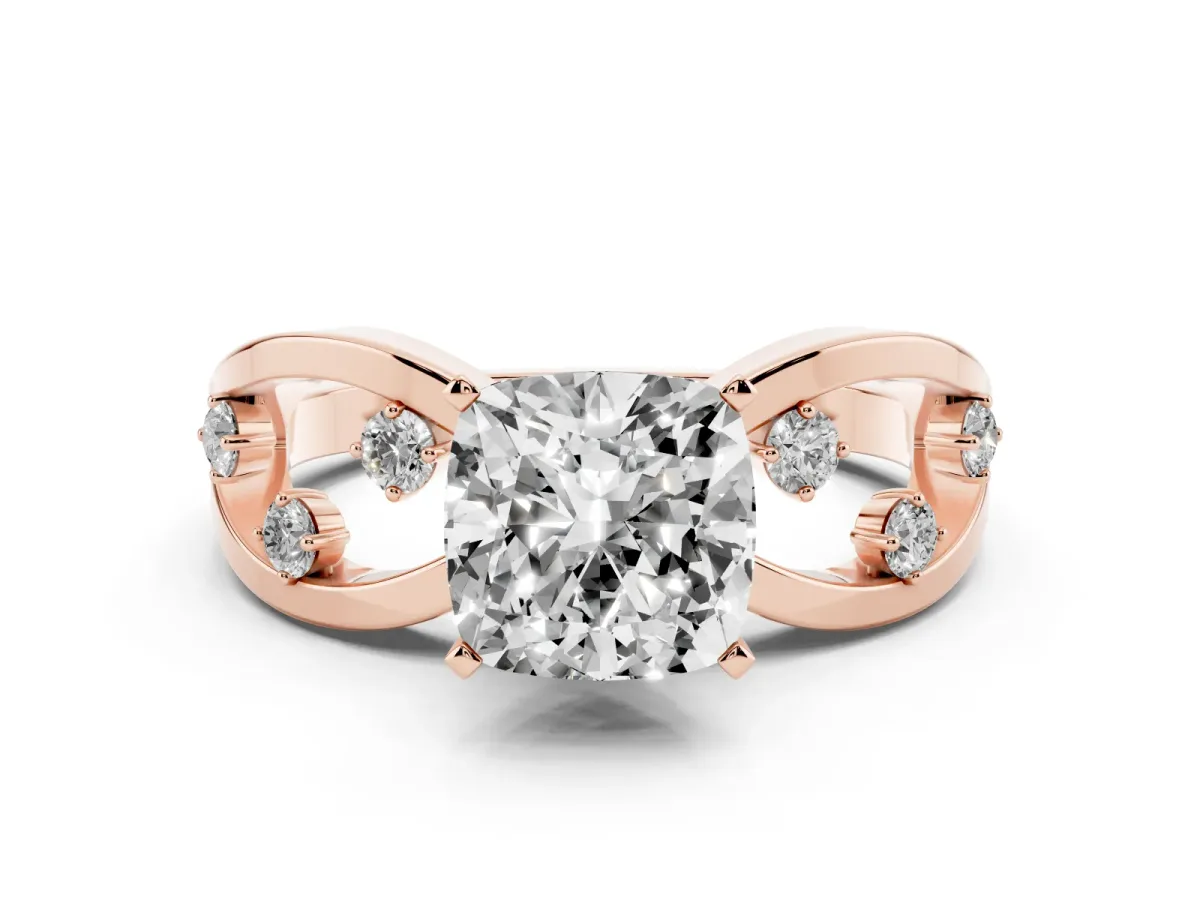 Cushion Cut Cut Solitaire Diamond with Side Stones on Criss-Cross Band and Four-Prong Setting Rose gold