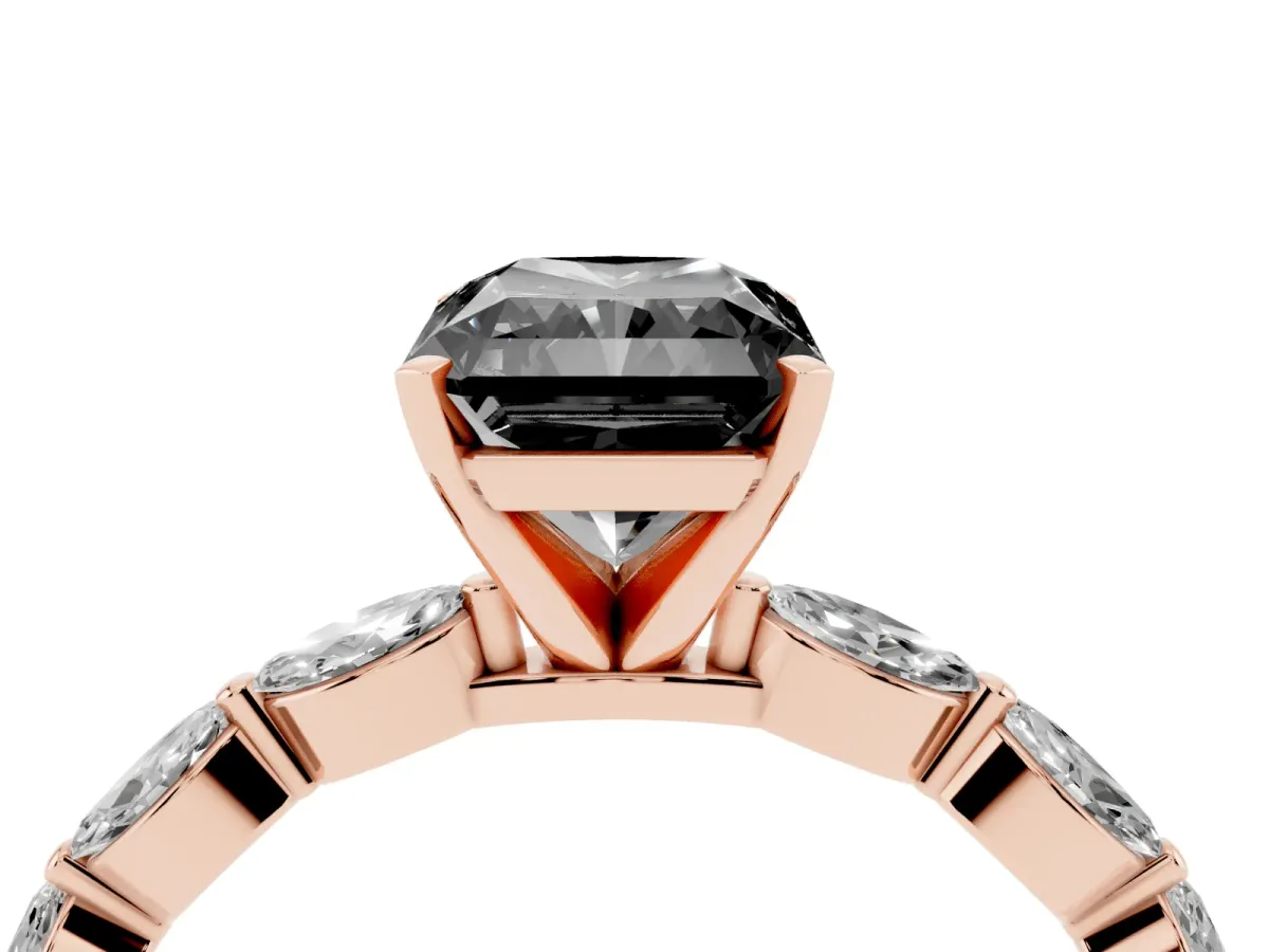 Fancy Black Radiant Cut Diamond Ring with Marquise Side Stones and Prong Setting Rose gold