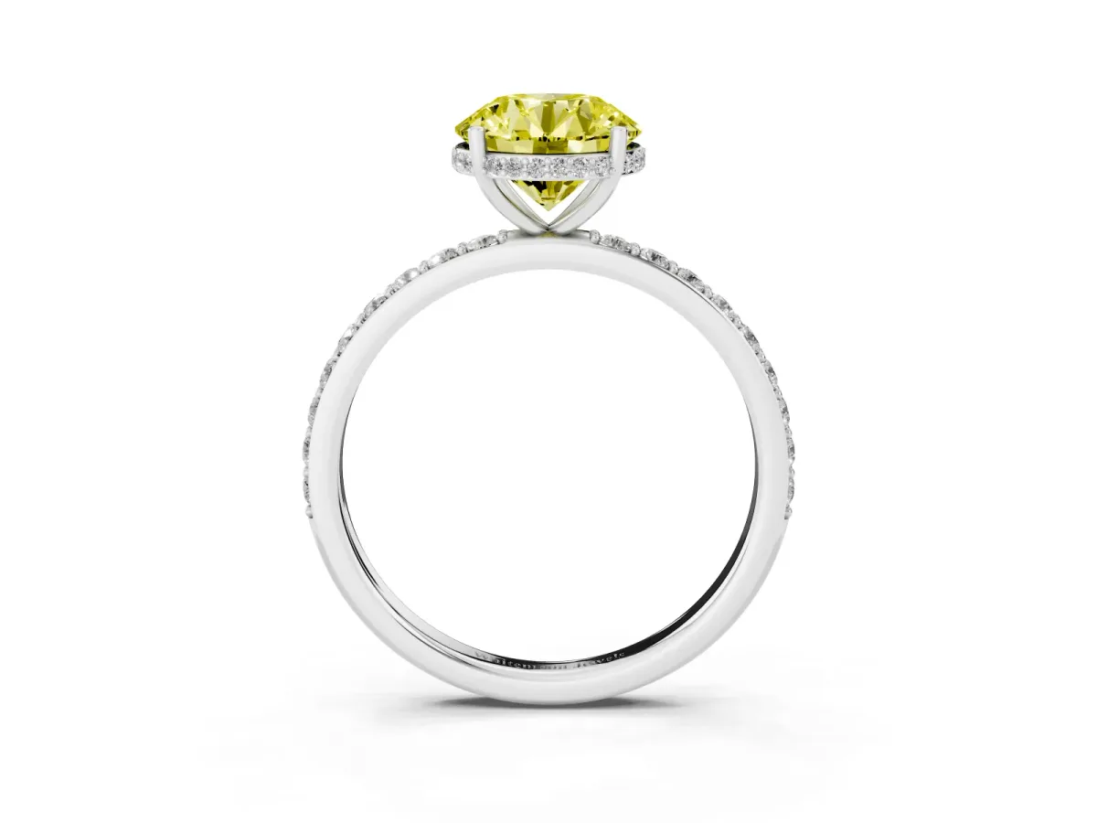 Fancy Yellow Round Cut Diamond Solitaire Ring with Pavé Band and Hidden Halo Silver