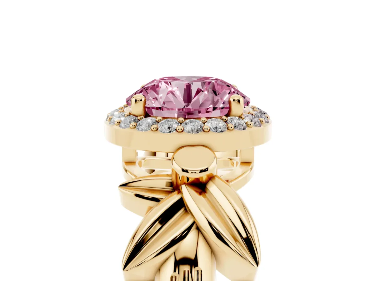 Fancy Pink Round Cut Halo Diamond Floral Band with Four-Prong Setting Yellow gold