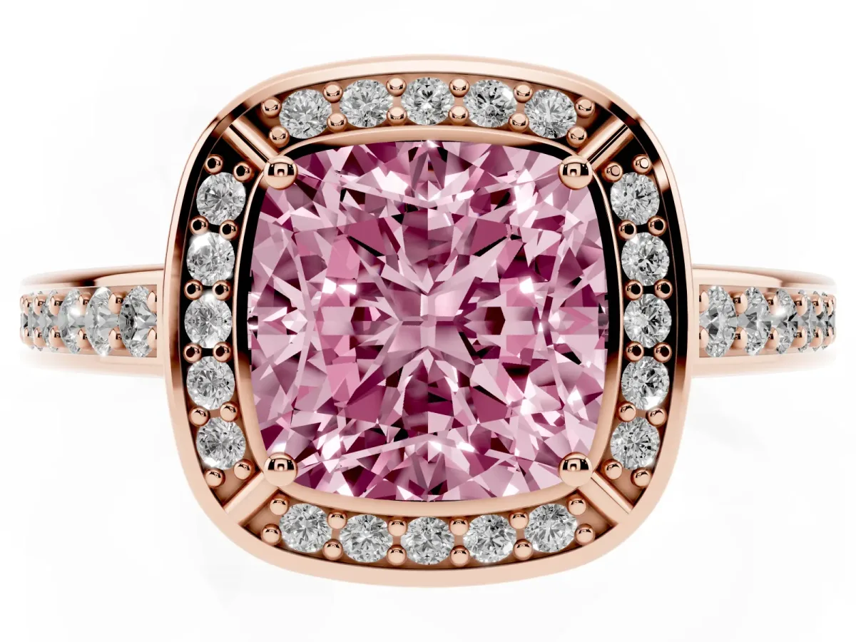 Fancy Pink Cushion Cut Cut Halo Pave Split Shank Prong Setting Ring Rose gold