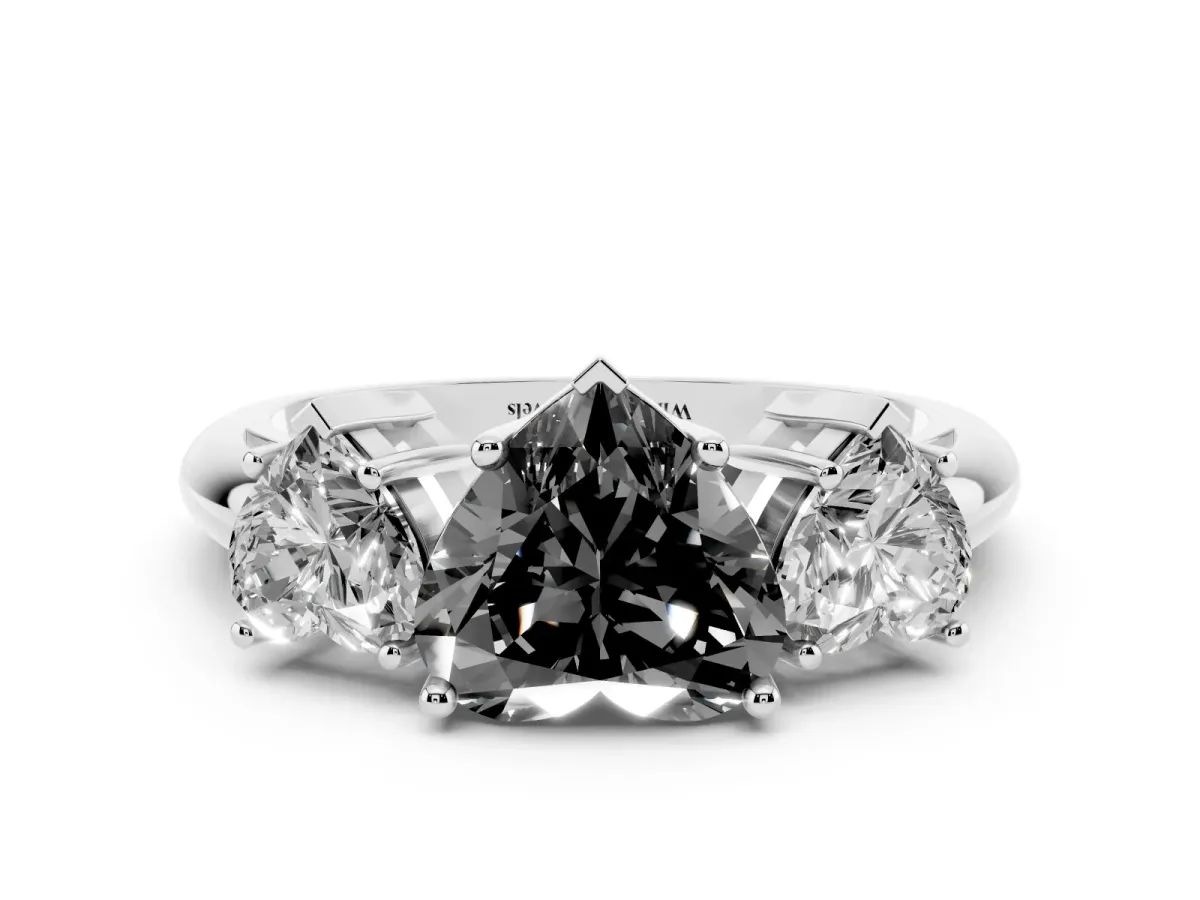 Fancy Black Three-Stone Heart Cut Cut Diamond Engagement Ring with Prong Setting on a White Gold Band Silver
