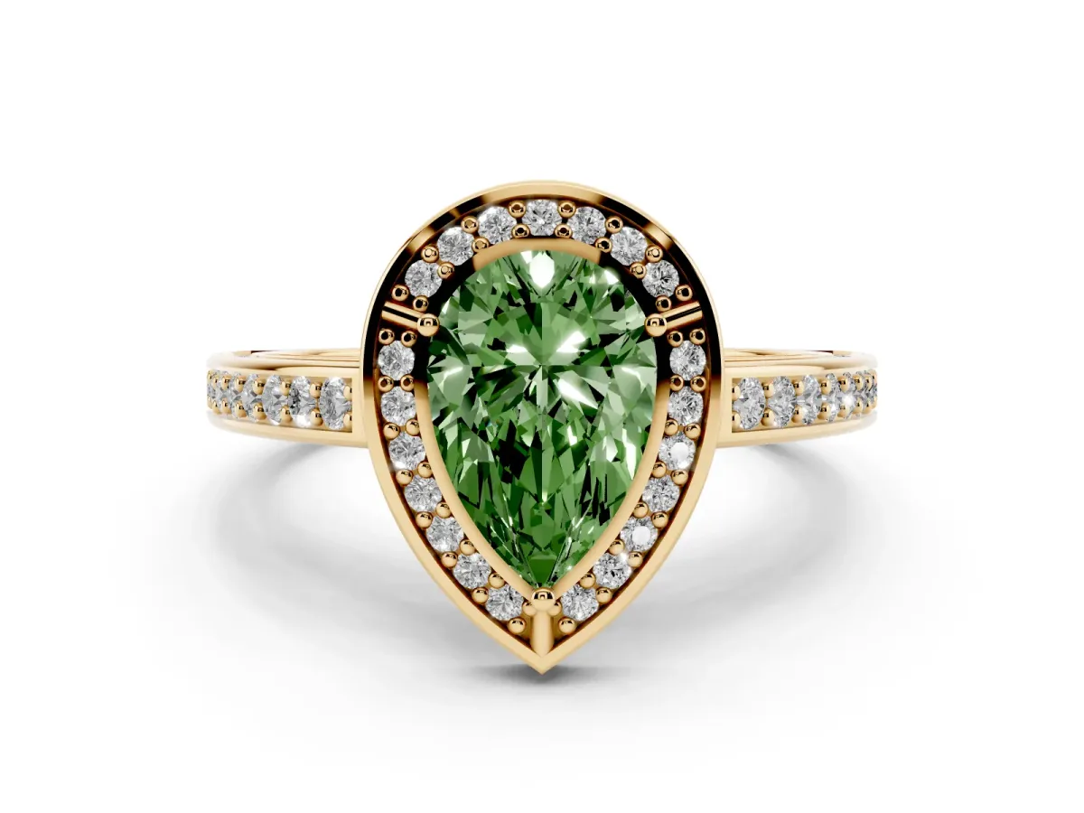 Fancy Green Pear Cut Cut Halo Pave Split Shank Prong Setting Ring Yellow gold