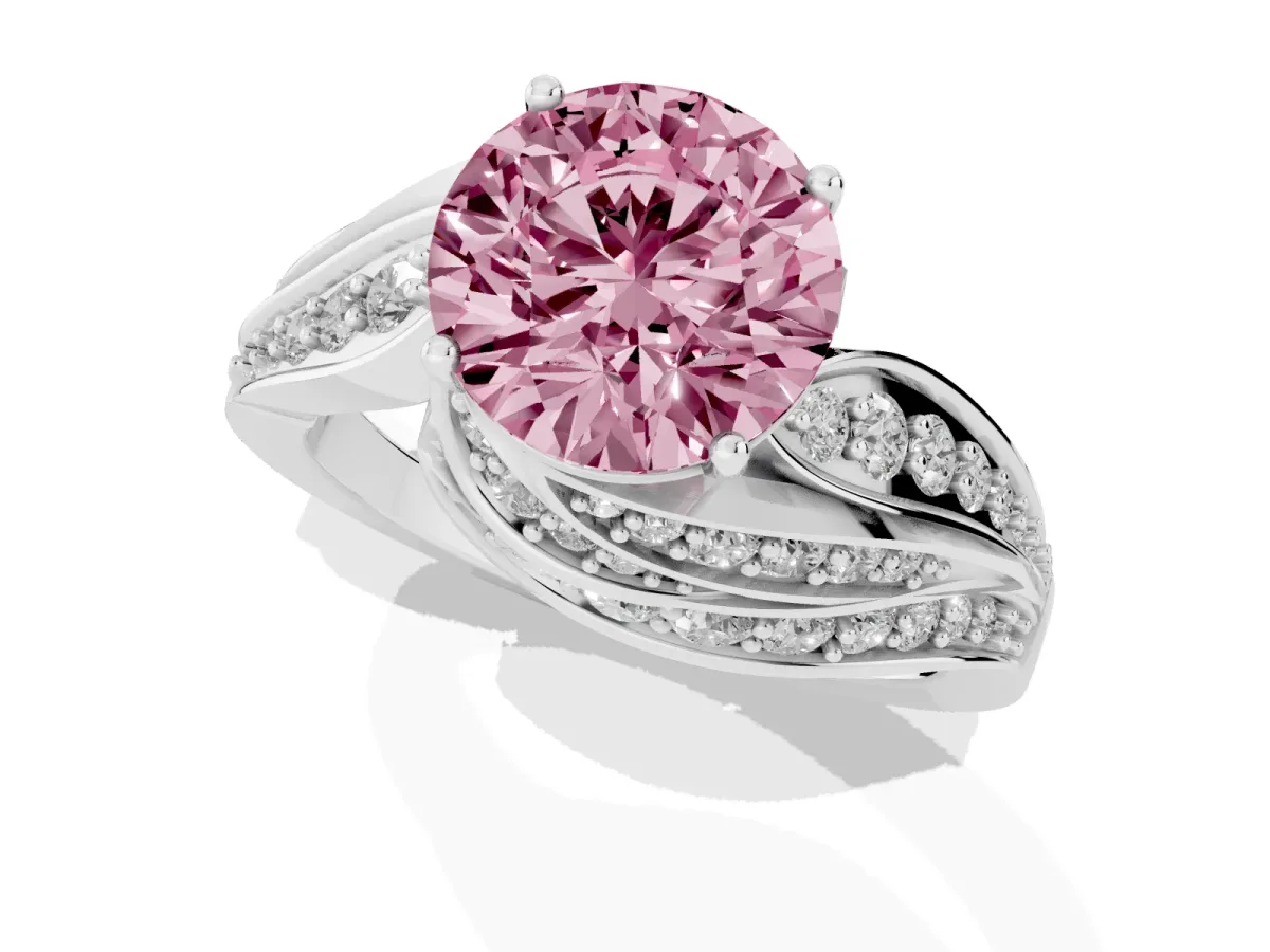 Fancy Pink Round Cut Diamond Solitaire Ring with Prong Setting and Twisted Pavé Band Silver