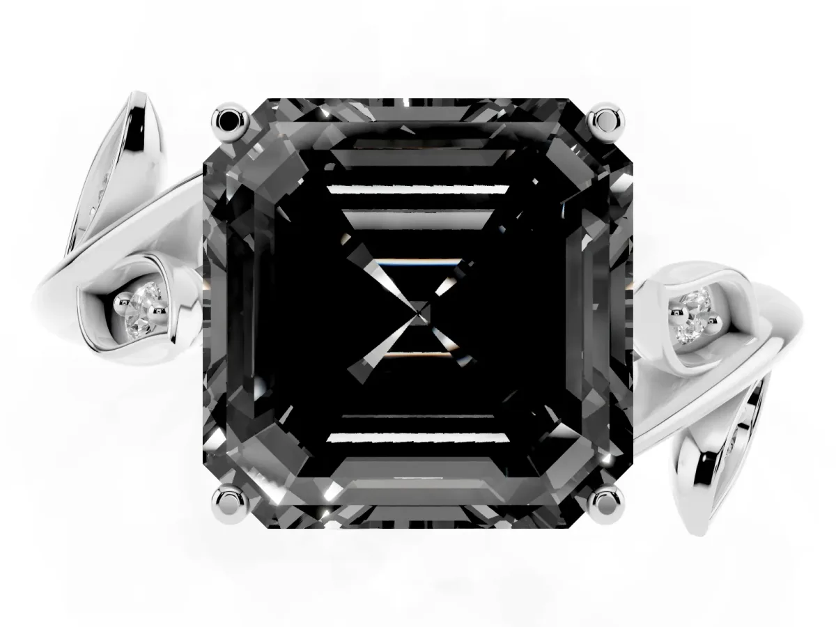 Fancy Black Asscher Cut Solitaire Twist Engagement Ring with Leaf Accents and Prong Setting White gold