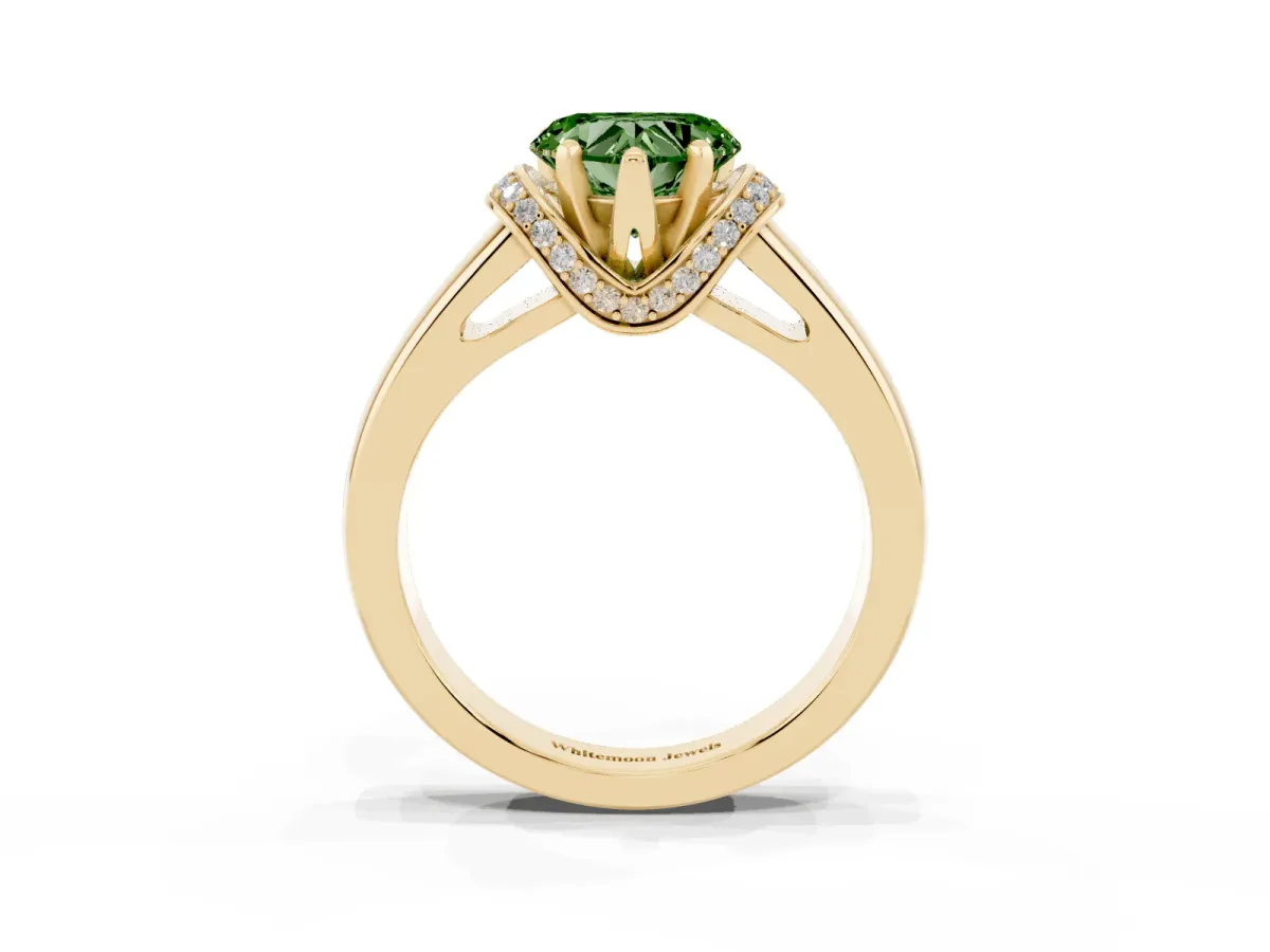 Fancy Green Heart Cut Solitaire Diamond Ring with Pave Band and Six-Prong Setting Yellow gold