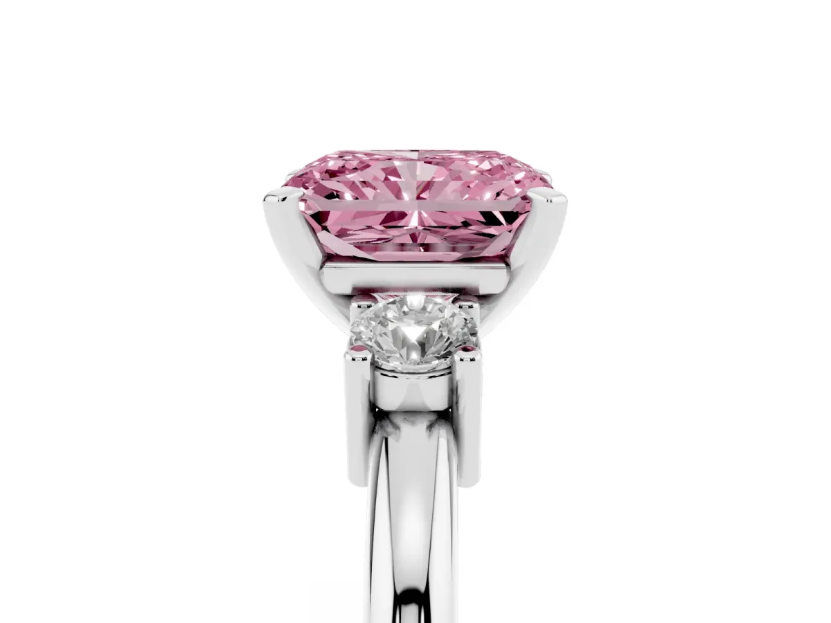Fancy Pink Three-Stone Radiant Cut Cut Diamond Solitaire with Prong Setting and Classic Band Silver