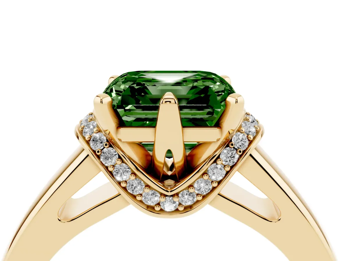 Fancy Green Asscher Cut Solitaire Diamond Ring with Pave Band and Six-Prong Setting Yellow gold