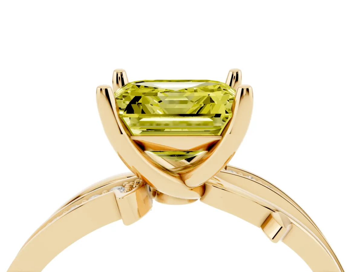 Fancy Yellow Asscher Cut Solitaire Twist Band with Pavé Accents and Four-Prong Setting Yellow gold