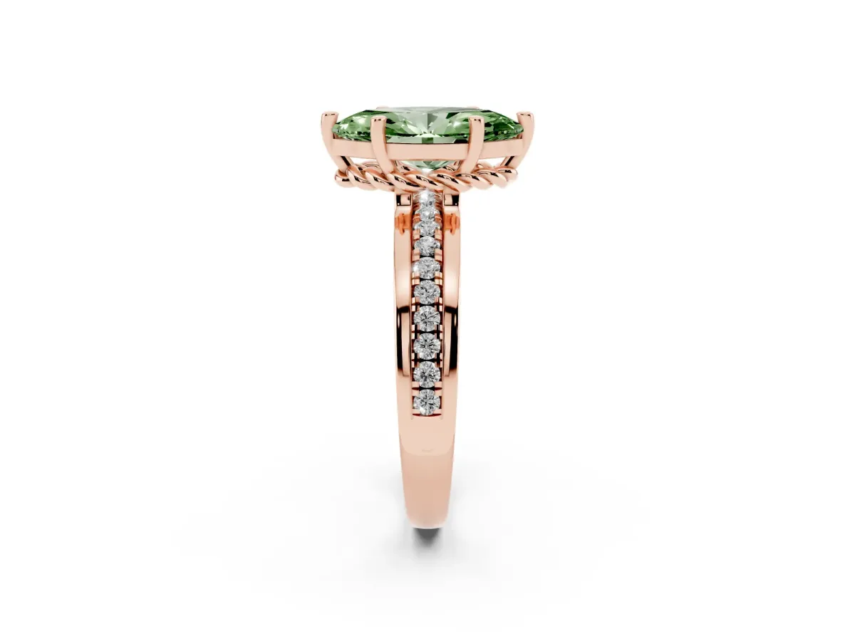 Fancy Green Marquise Cut Solitaire Diamond Ring with Channel Set Band and Six-Prong Setting Rose gold