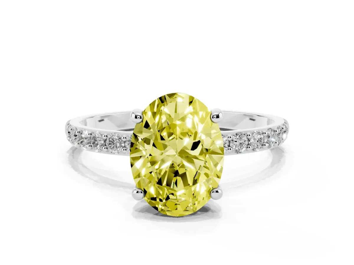 Fancy Yellow Oval Cut Diamond Solitaire Ring with Round Pavé Band and Prong Setting Platinum