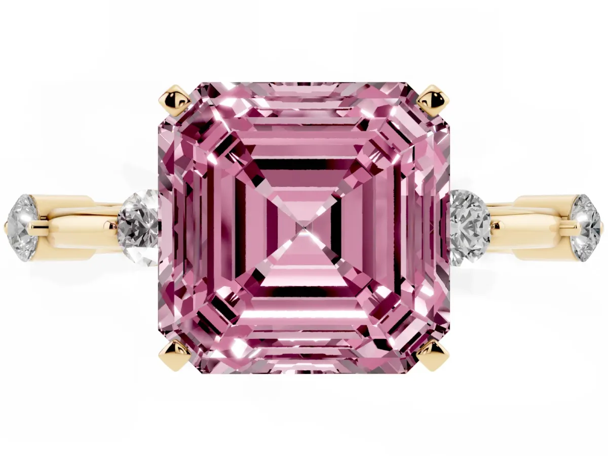 Fancy Pink Asscher Cut Solitaire Diamond Ring with Bezel Set Side Stones and Prong Setting Yellow gold