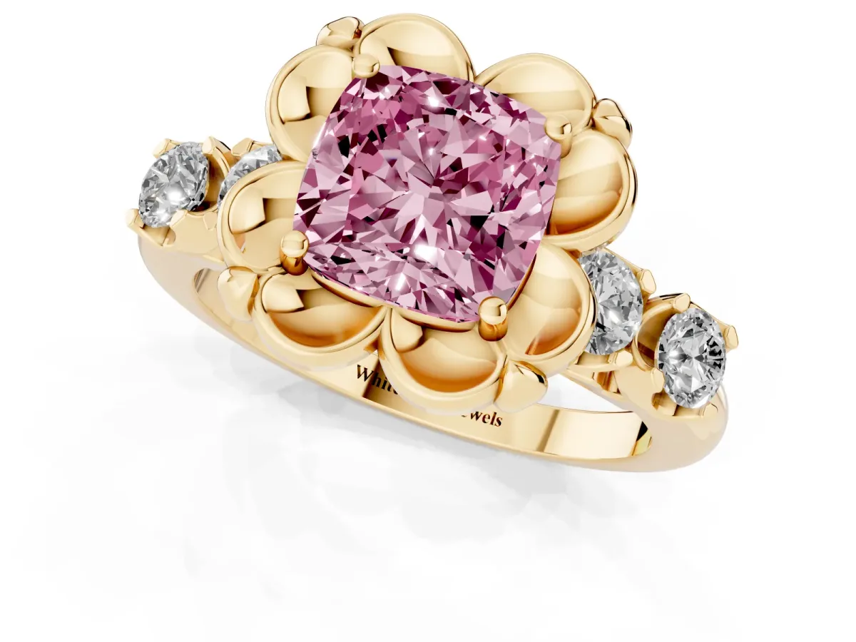 Fancy Pink Cushion Cut Cut Diamond Floral Halo Engagement Ring with Shared Prong Setting Yellow gold