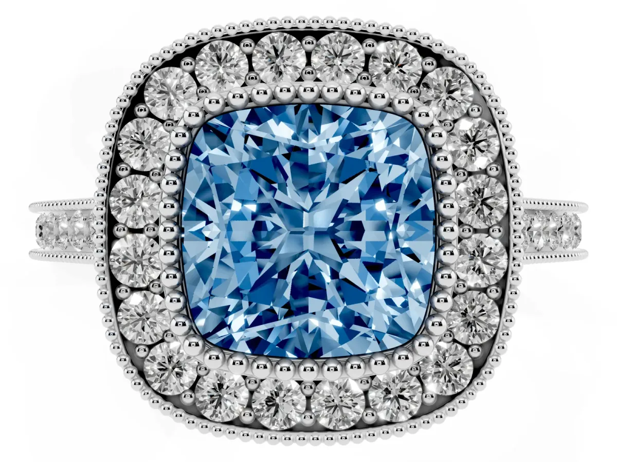 Fancy Blue Cushion Cut Diamond Halo Ring with Milgrain Frame and Pavé Band White gold