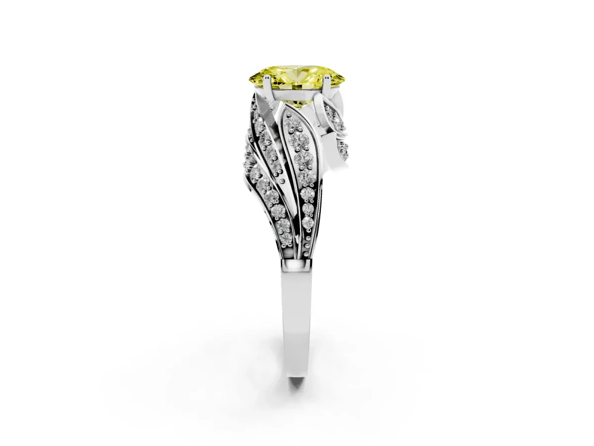 Fancy Yellow Oval Cut Diamond Solitaire Ring with Prong Setting and Twisted Pavé Band Silver
