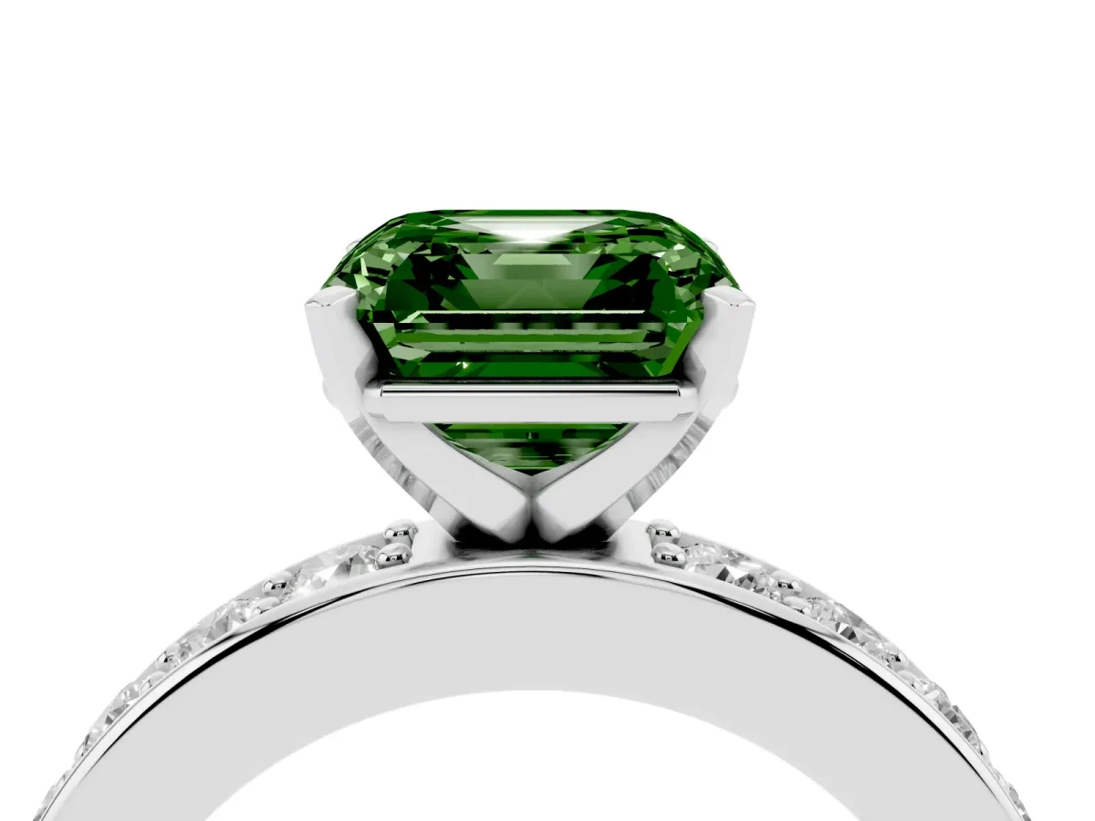 Fancy Green Asscher Cut Diamond Engagement Ring with Channel Set Round Band and Prong Setting Platinum
