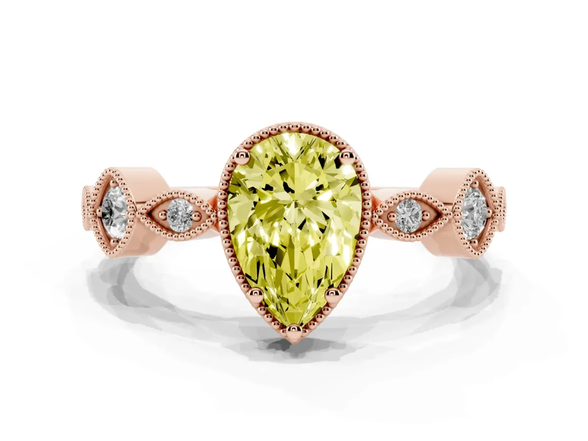 Fancy Yellow Pear Cut Diamond Vintage Milgrain Ring with Round Stations Rose gold