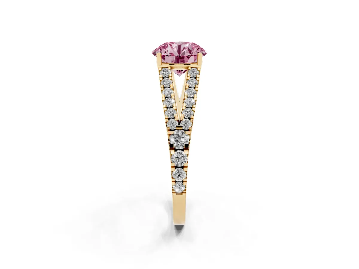 Fancy Pink Round Cut Diamond Split Shank Engagement Ring with Round Pavé and Prong Setting Yellow gold