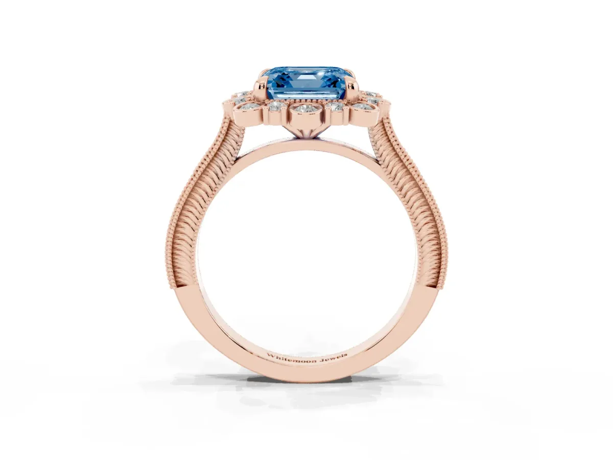 Fancy Blue Asscher Cut Halo Milgrain Pave Diamond Ring with Four-Prong Setting Rose gold