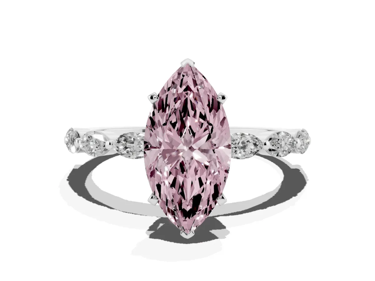 Fancy Pink Marquise Cut Diamond Ring with Marquise Side Stones and Prong Setting Platinum