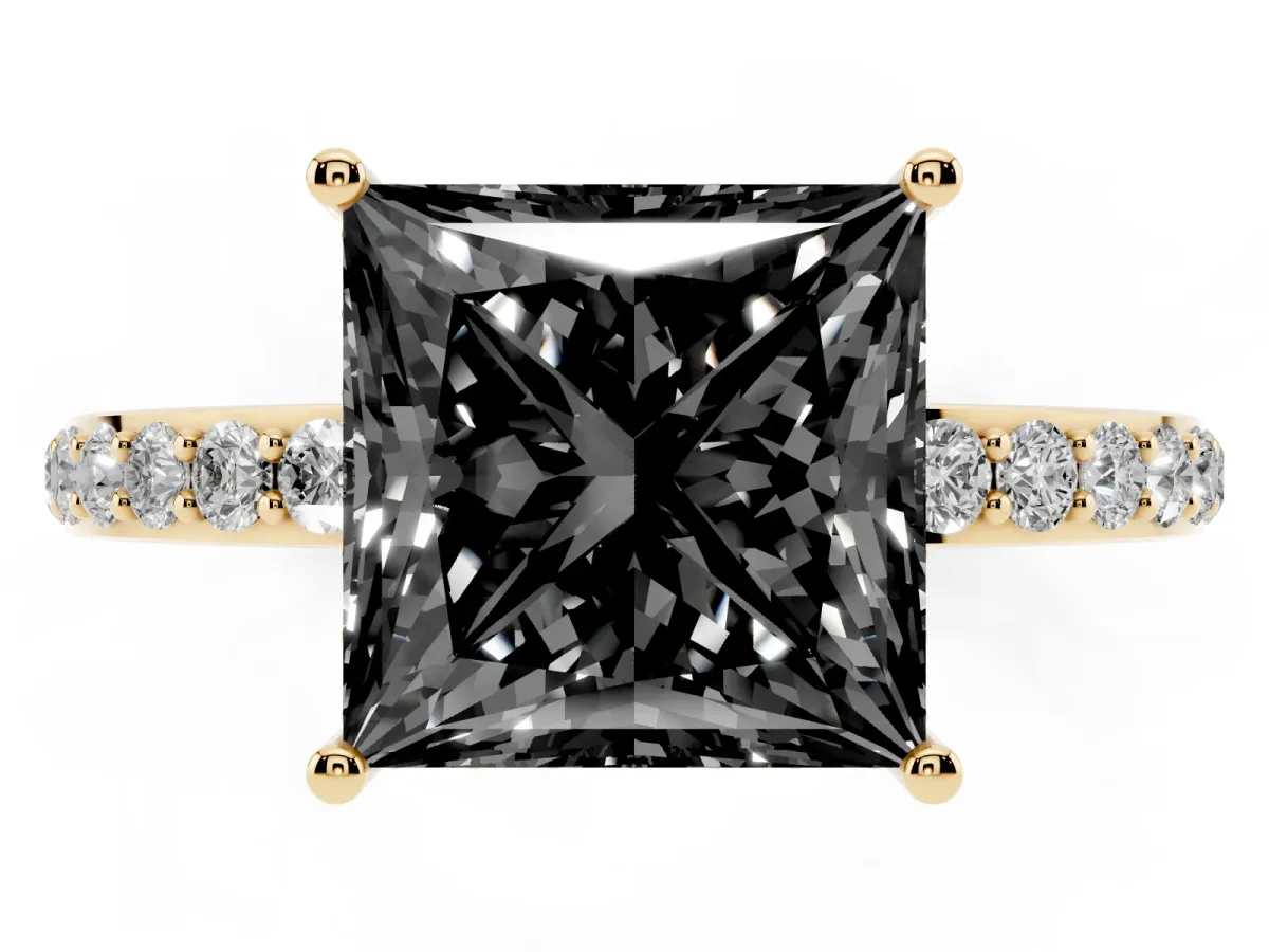 Fancy Black Princess Cut Diamond Solitaire Ring with Pavé Band and Hidden Halo Yellow gold