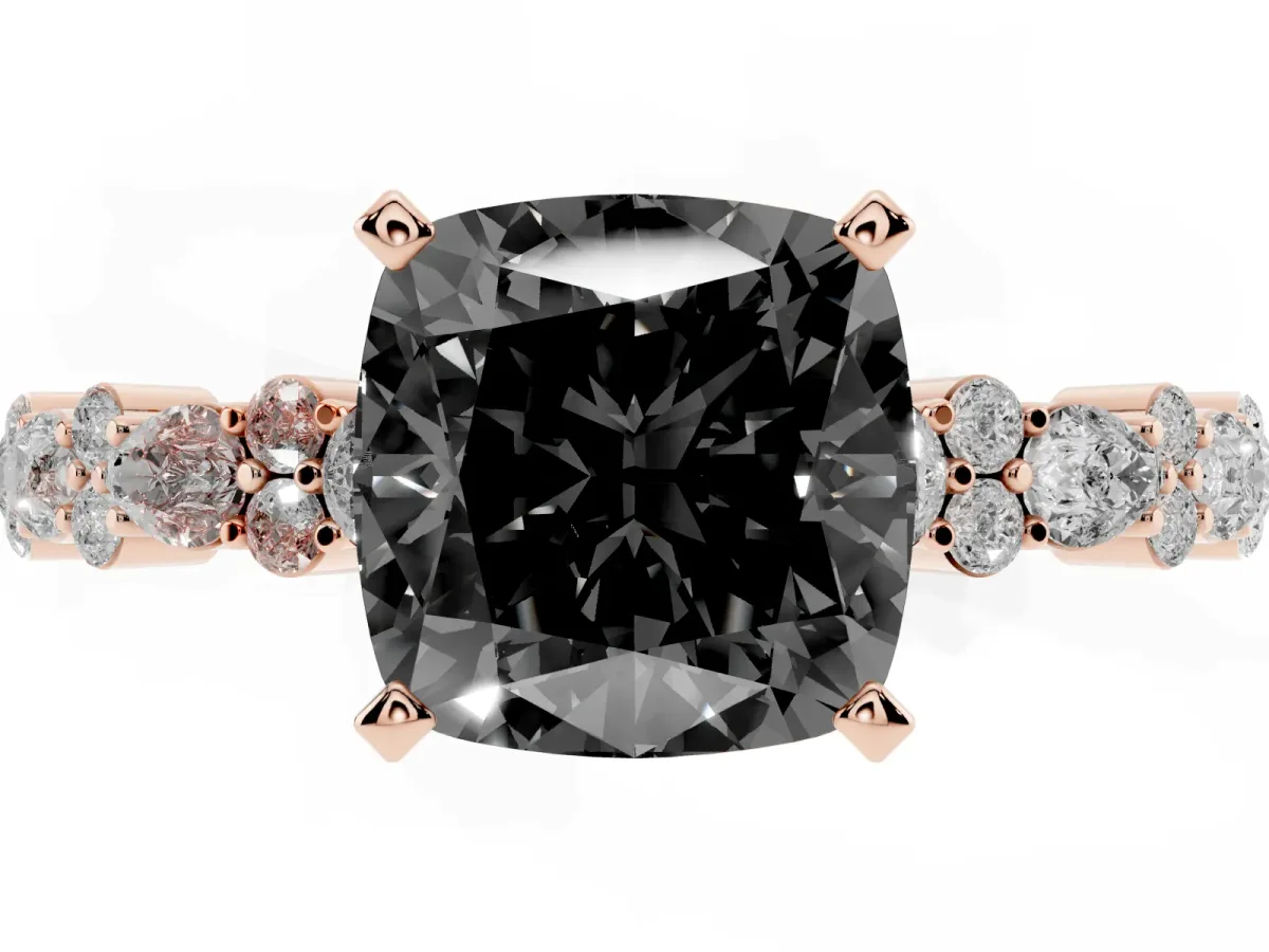 Fancy Black Cushion Cut Diamond Side Stone Solitaire Ring with Round and Four-Prong Setting Rose gold