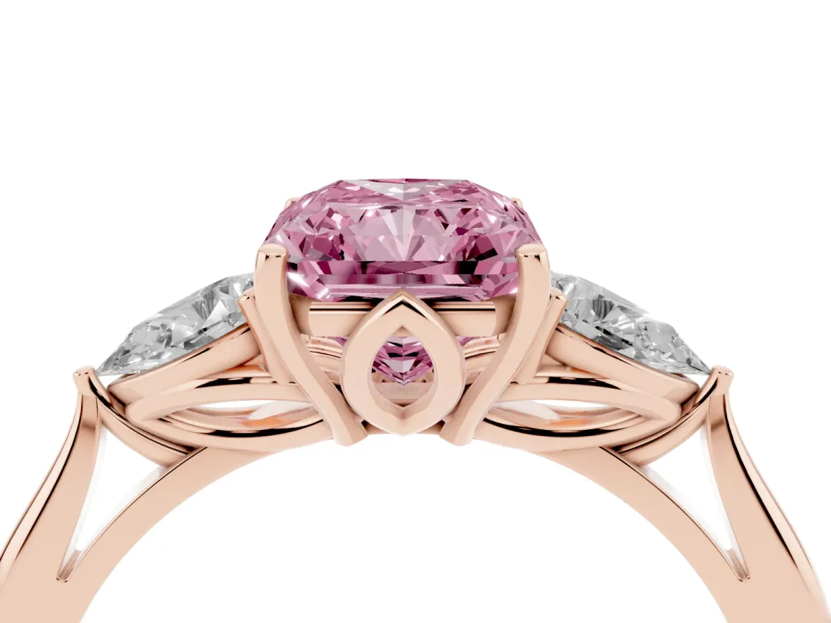 Fancy Pink Three-Stone Radiant Cut Brilliant Diamond Solitaire Ring with Tapered Band and Four-Prong Setting Rose gold