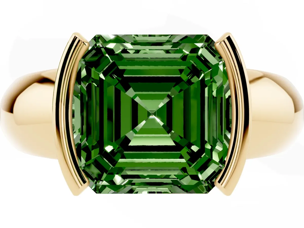 Fancy Green Asscher Cut Solitaire Tension Set Diamond Ring with Wide Band Yellow gold