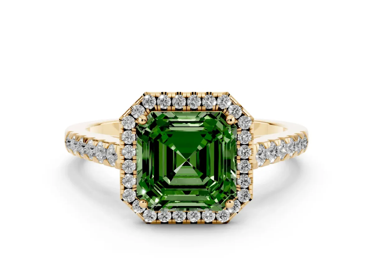 Fancy Green Asscher Cut Halo Pave Diamond Engagement Ring with Four-Prong Setting Yellow gold