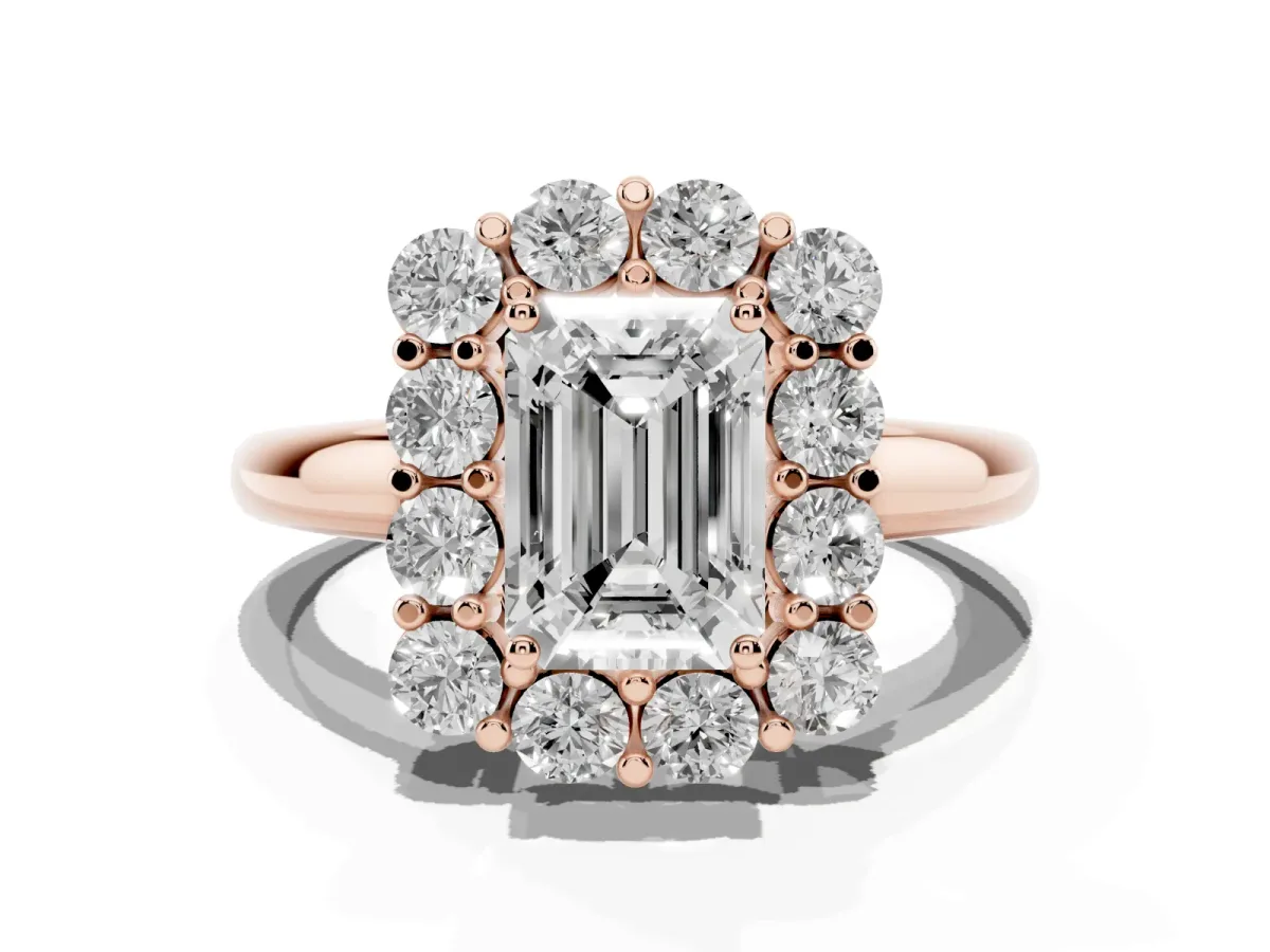 Emerald Cut Halo Cluster Diamond Engagement Ring with Prong Setting and Polished Band Rose gold