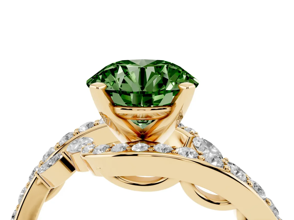 Fancy Green Round Cut Solitaire with Pavé Twist Band and Four-Prong Setting Yellow gold