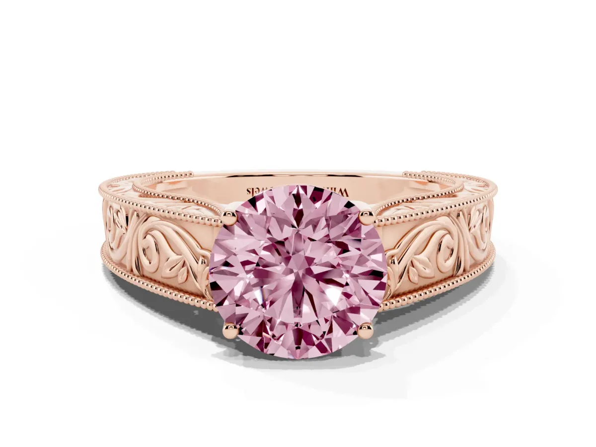 Fancy Pink Round Cut Diamond Solitaire Ring with Engraved Band and Four-Prong Setting Rose gold