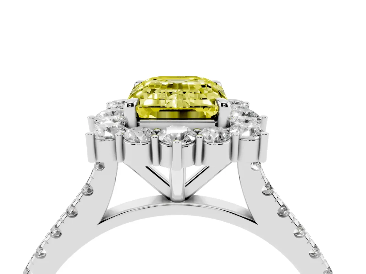 Fancy Yellow Emerald Cut Halo Diamond Ring with Pavé Band and Prong Setting Silver