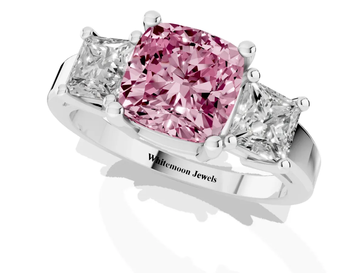 Fancy Pink Three-Stone Cushion Cut Cut Solitaire Ring with Prong Setting Silver