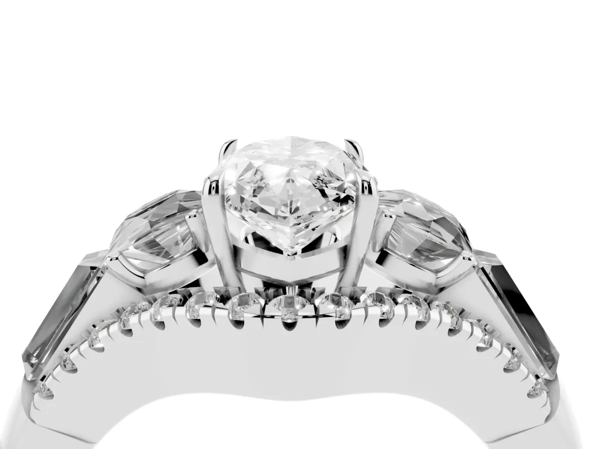 Three-Stone Marquise Cut Diamond Engagement Ring with Pave Band and Prong Setting Silver