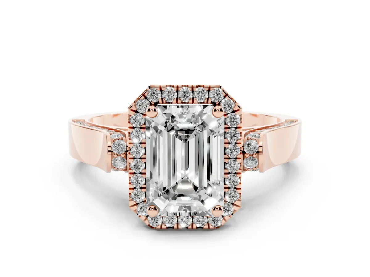 Emerald Cut Halo Pave Split Shank Prong Setting Ring Rose gold