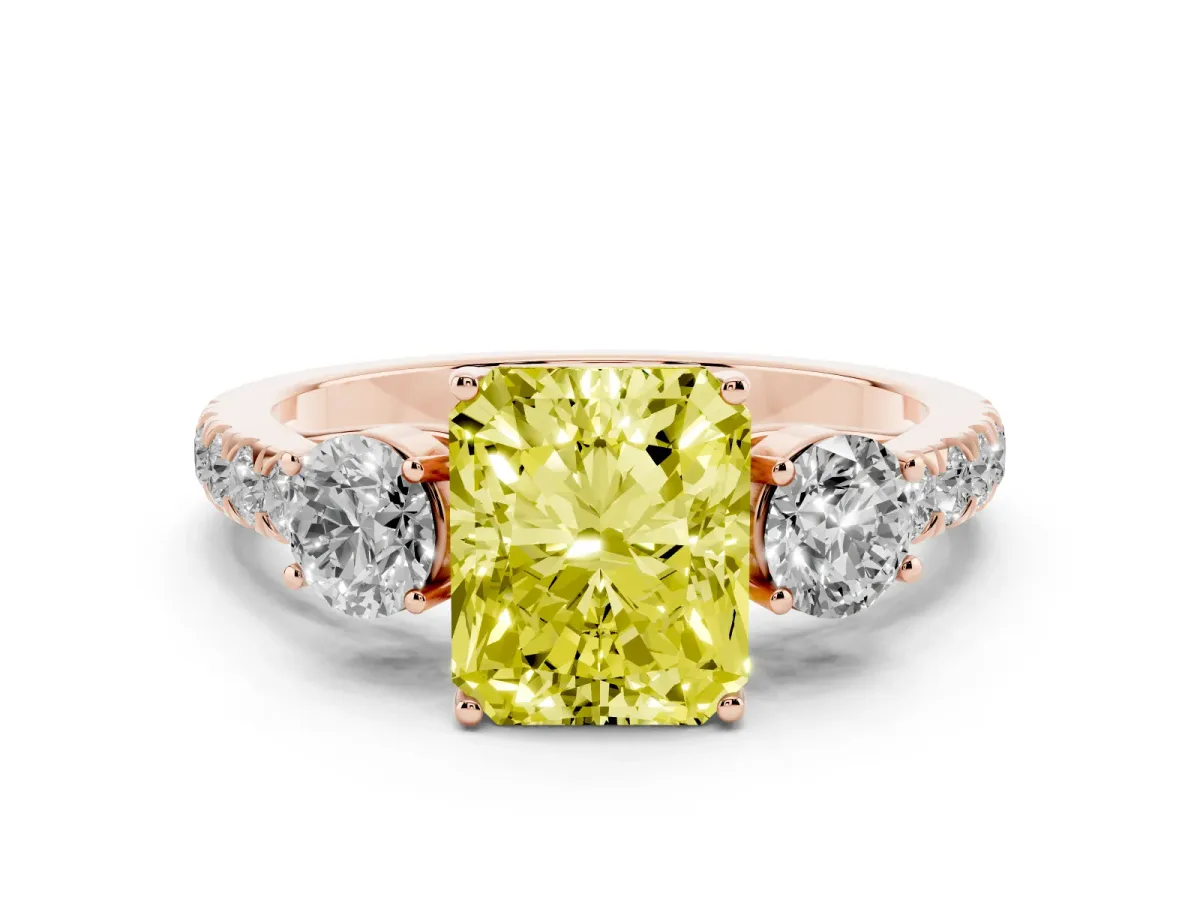 Fancy Yellow Radiant Cut Cut Diamond Three-Stone Ring with Round Side Stones and Pavé Band Rose gold