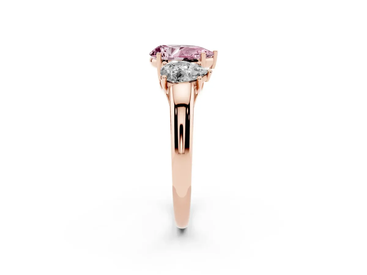 Fancy Pink Three-Stone Pear Cut Diamond Engagement Ring with Prong Setting Rose gold