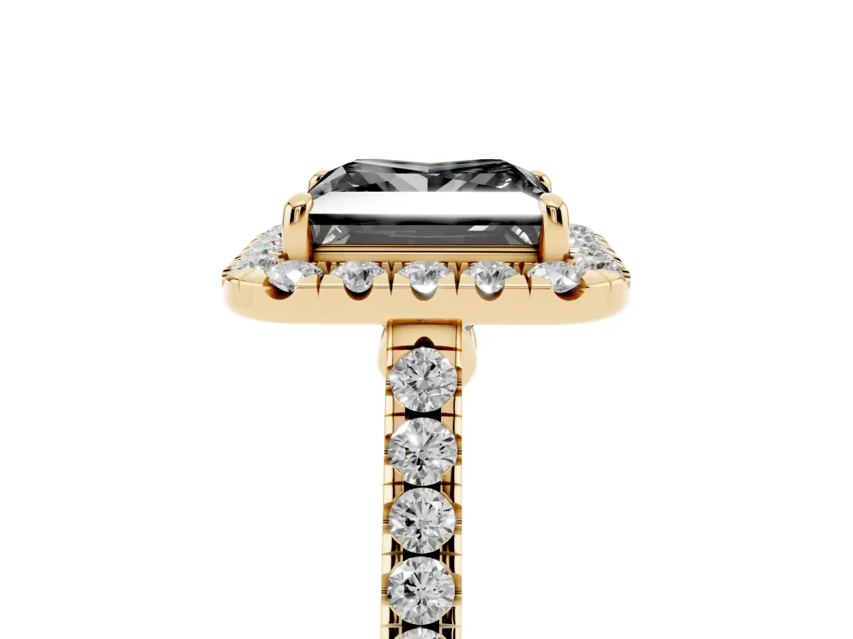 Fancy Black Princess Cut Halo Pave Diamond Engagement Ring with Four-Prong Setting Yellow gold