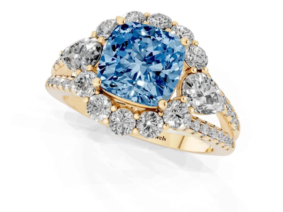 Fancy Blue Cushion Cut Halo Split Shank Diamond Engagement Ring with Prong Setting Yellow gold