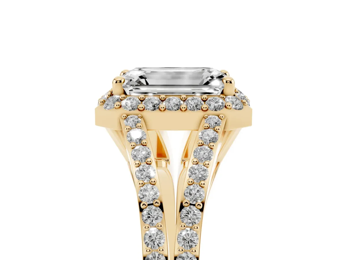 Emerald Cut Halo Split Shank Diamond Ring with Prong Setting Yellow gold