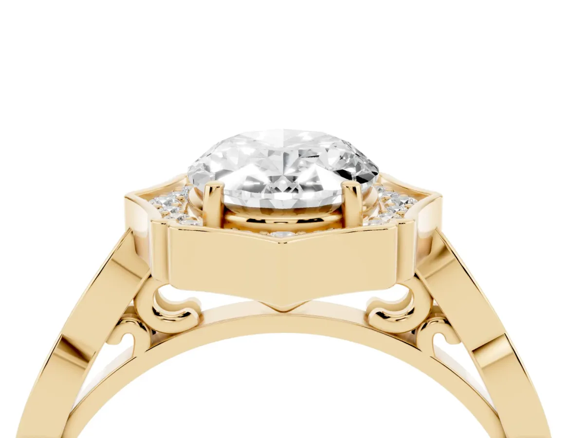 Oval Cut Halo Diamond Engagement Ring with Milgrain Band and Four-Prong Setting Yellow gold
