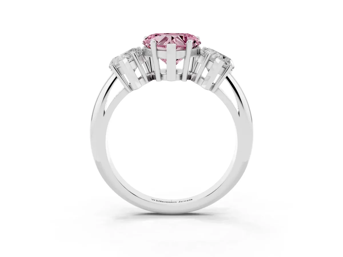 Fancy Pink Three-Stone Heart Cut Cut Diamond Engagement Ring with Prong Setting on a White Gold Band Silver