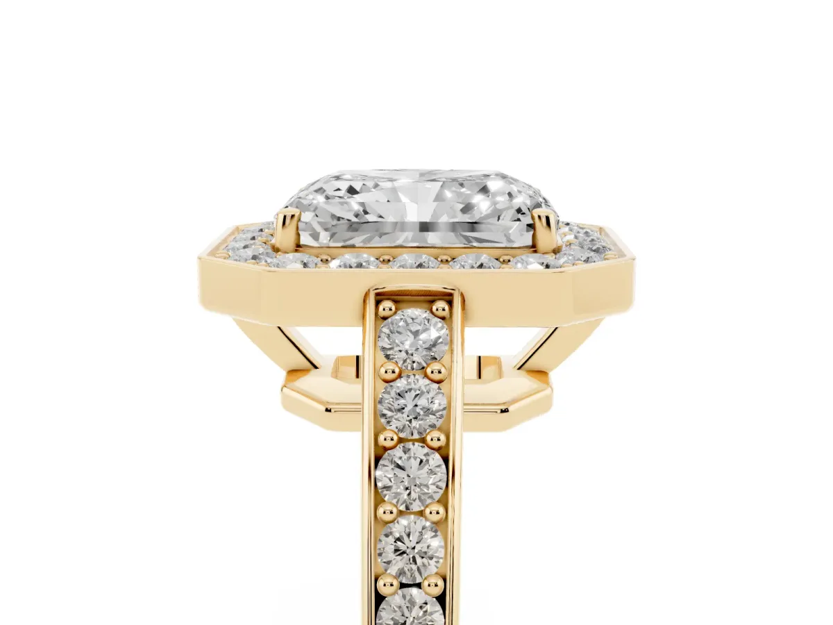 Radiant Cut Halo Pavé Diamond Engagement Ring with Bezel Setting Yellow gold