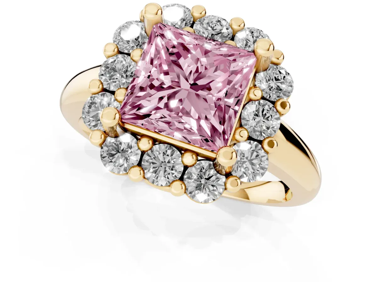 Fancy Pink Princess Cut Halo Cluster Diamond Engagement Ring with Prong Setting and Polished Band Yellow gold